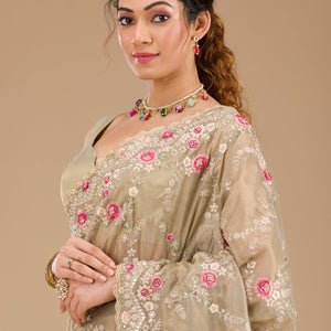Pista Green Threadwork Tissue Saree