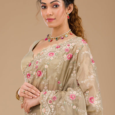 Pista Green Threadwork Tissue Saree