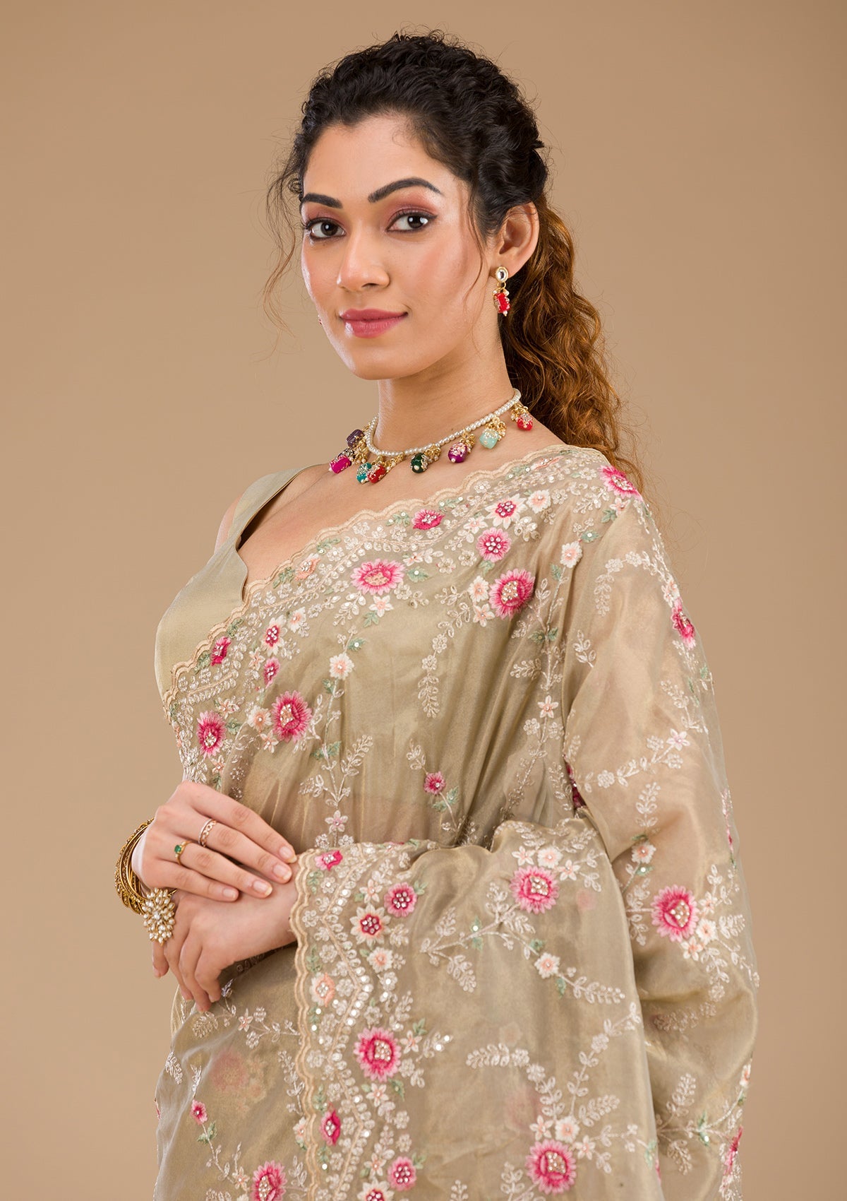 Pista Green Threadwork Tissue Saree