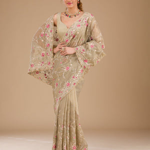Pista Green Threadwork Tissue Saree