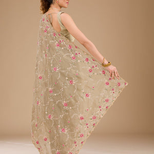 Pista Green Threadwork Tissue Saree