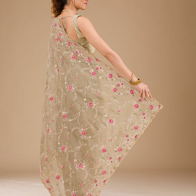 Pista Green Threadwork Tissue Saree