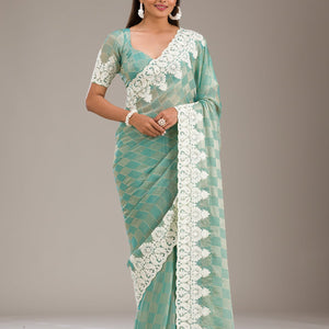 Pista Green Threadwork Tissue Saree