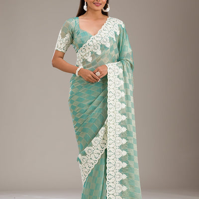 Pista Green Threadwork Tissue Saree