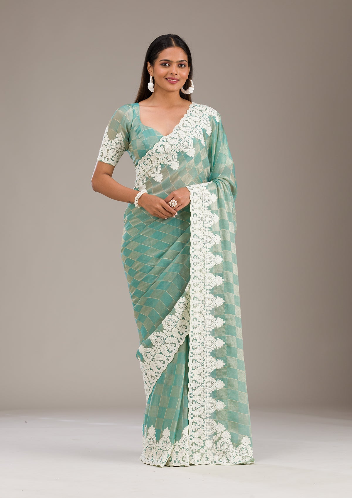 Pista Green Threadwork Tissue Saree