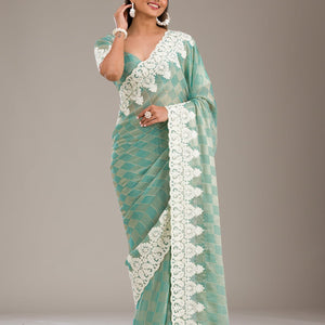 Pista Green Threadwork Tissue Saree