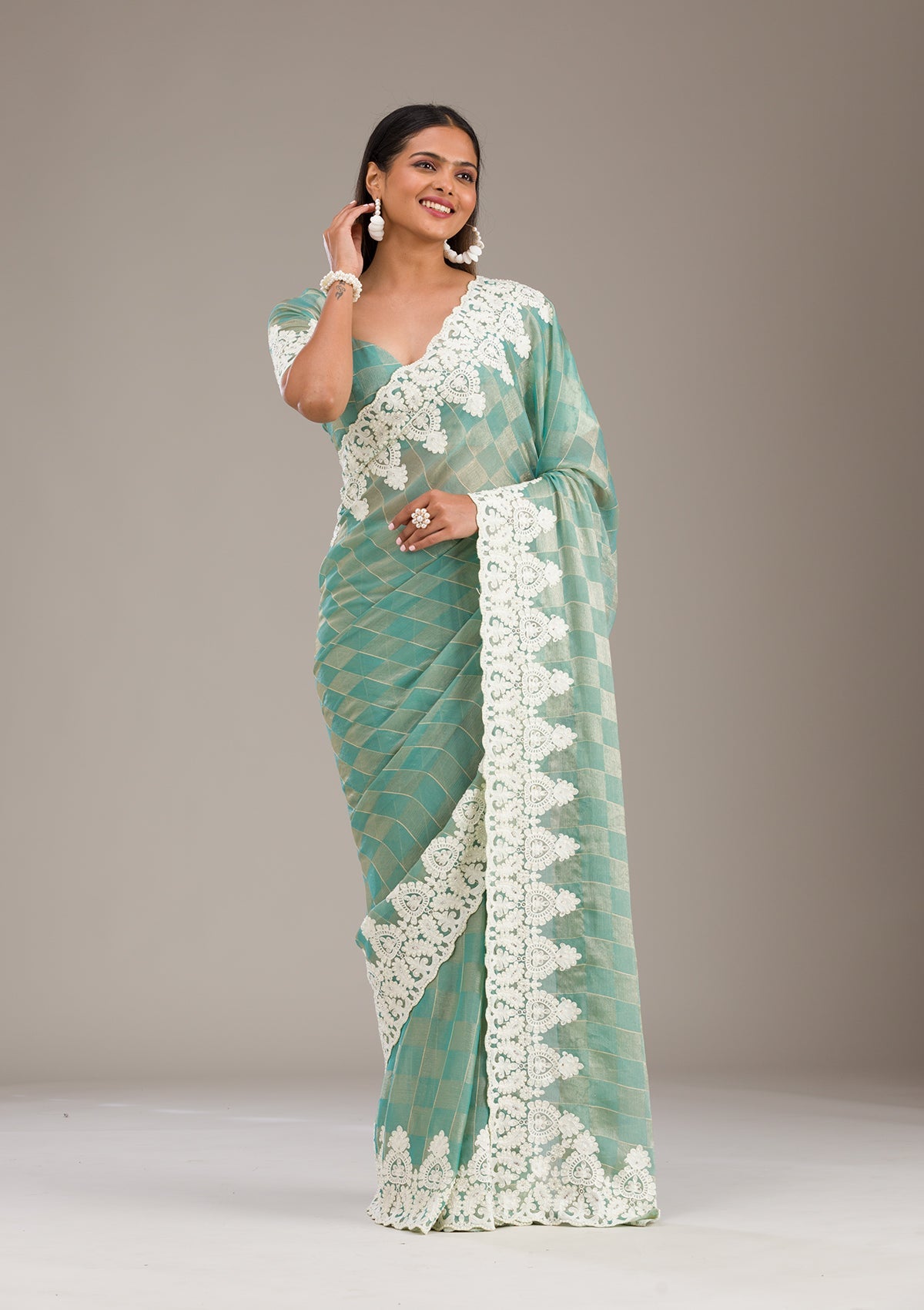 Pista Green Threadwork Tissue Saree
