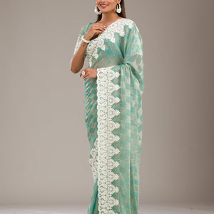 Pista Green Threadwork Tissue Saree