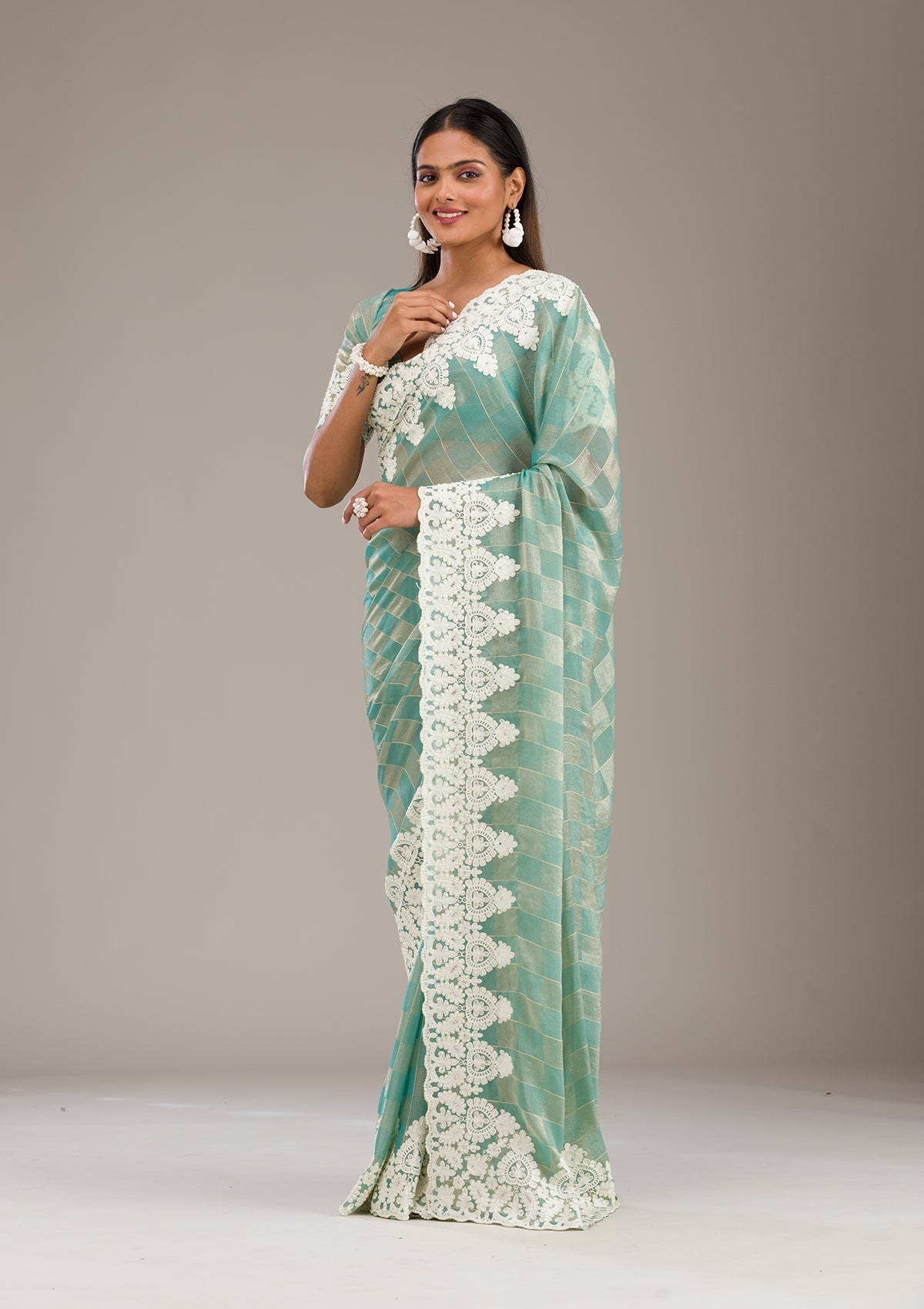 Pista Green Threadwork Tissue Saree
