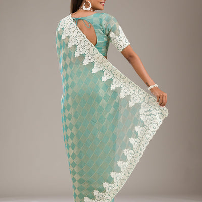 Pista Green Threadwork Tissue Saree