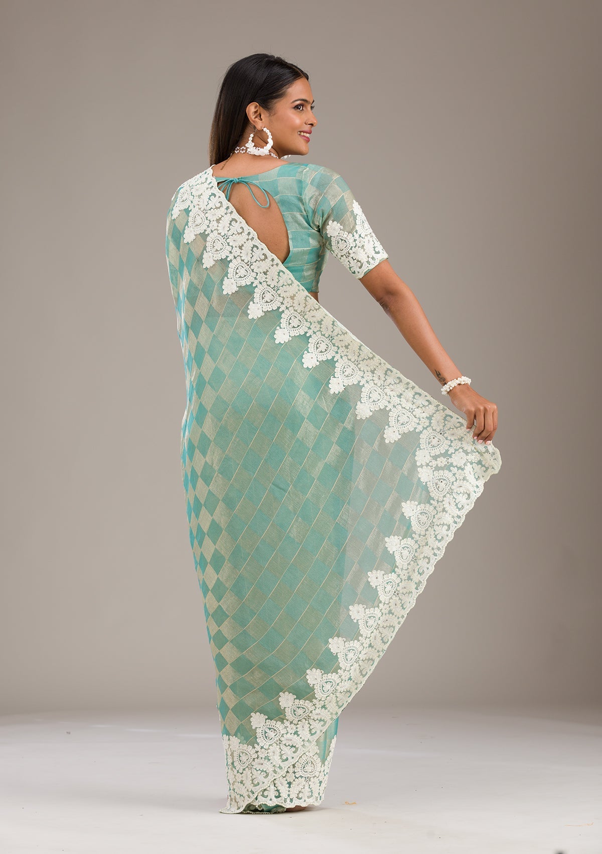 Pista Green Threadwork Tissue Saree
