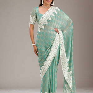 Pista Green Threadwork Tissue Saree
