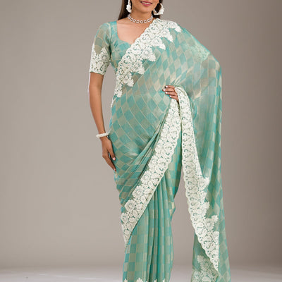 Pista Green Threadwork Tissue Saree
