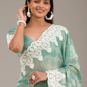 Pista Green Threadwork Tissue Saree