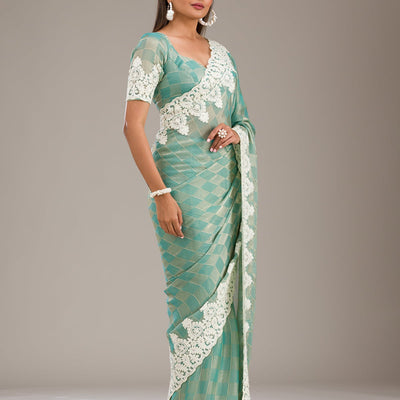 Pista Green Threadwork Tissue Saree