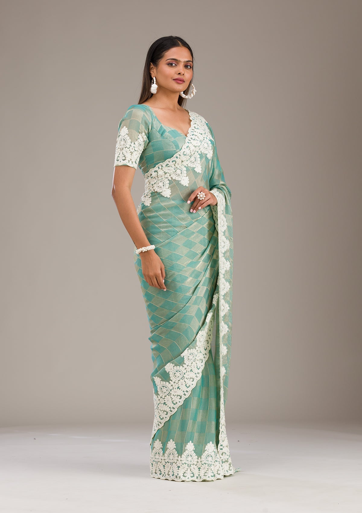Pista Green Threadwork Tissue Saree