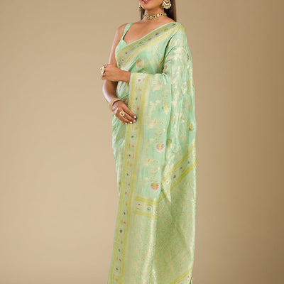Pista Green Zariwork Banarasi Silk Saree