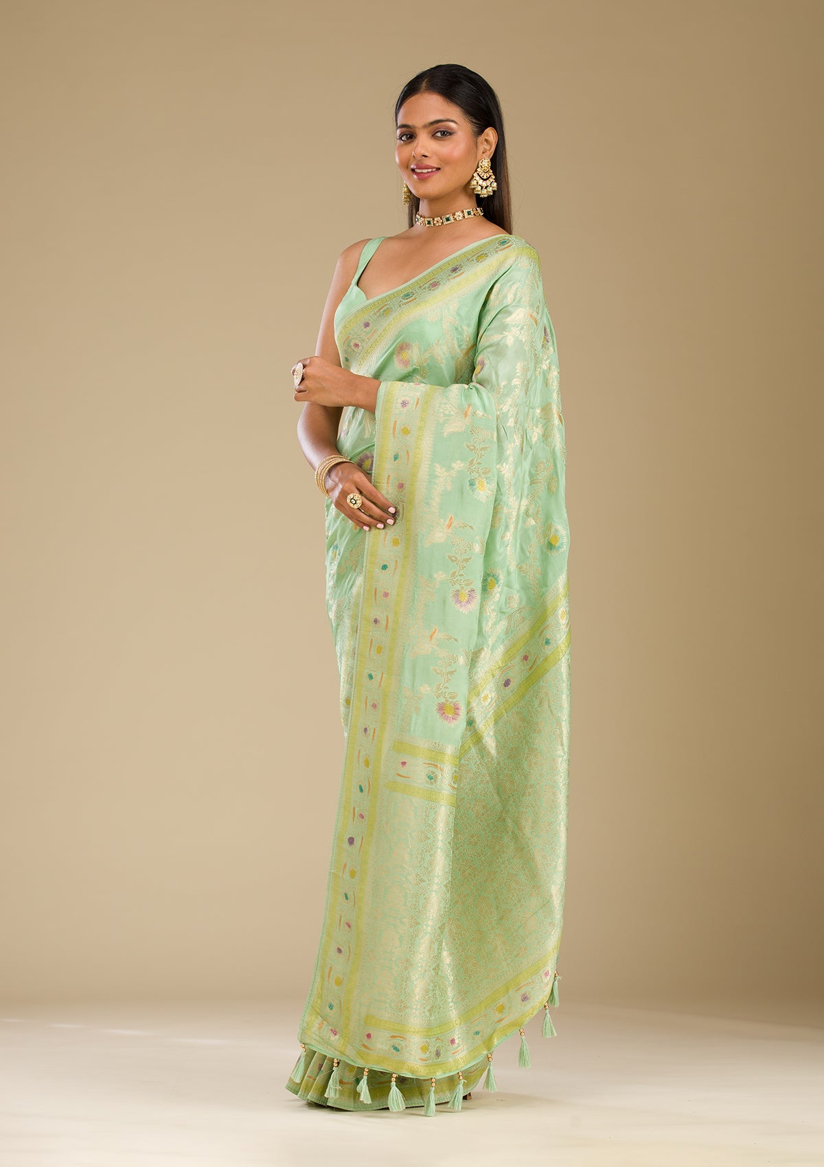 Pista Green Zariwork Banarasi Silk Saree