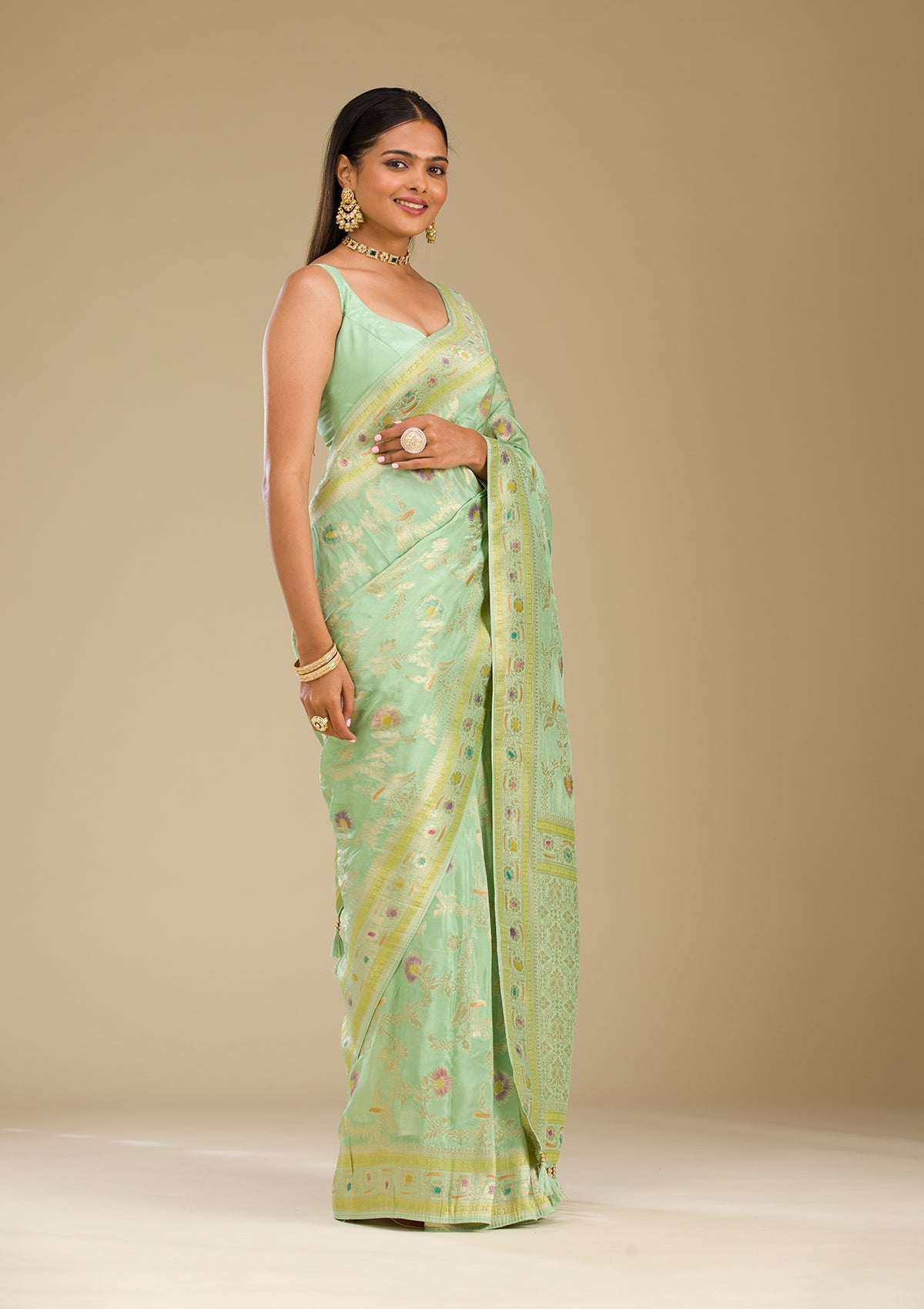 Pista Green Zariwork Banarasi Silk Saree