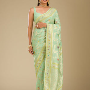 Pista Green Zariwork Banarasi Silk Saree
