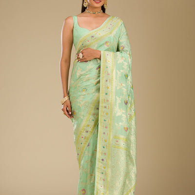 Pista Green Zariwork Banarasi Silk Saree