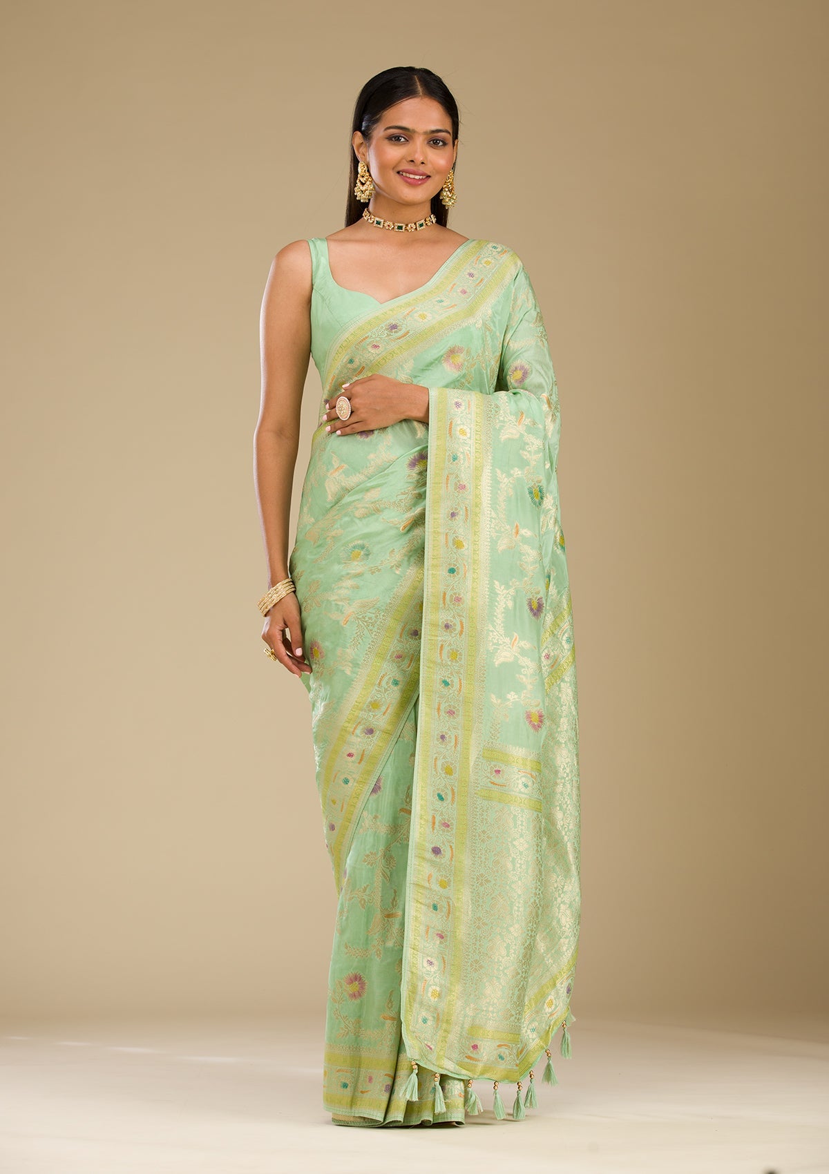 Pista Green Zariwork Banarasi Silk Saree