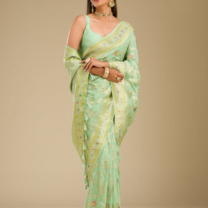 Pista Green Zariwork Banarasi Silk Saree