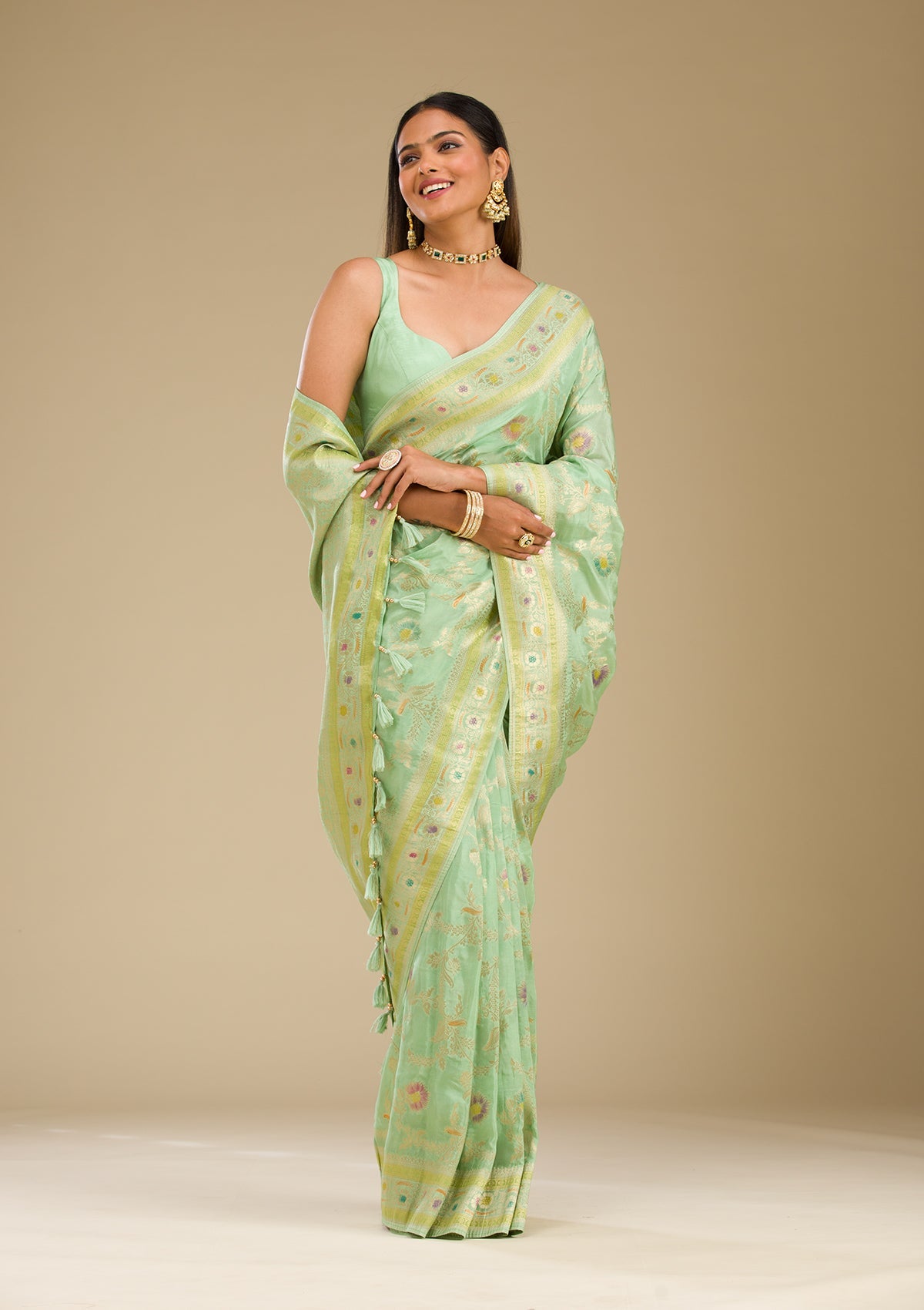 Pista Green Zariwork Banarasi Silk Saree
