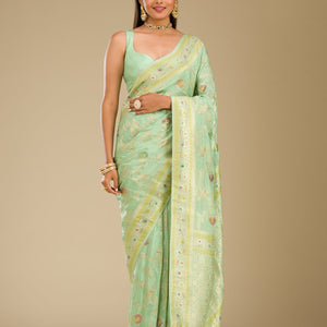 Pista Green Zariwork Banarasi Silk Saree