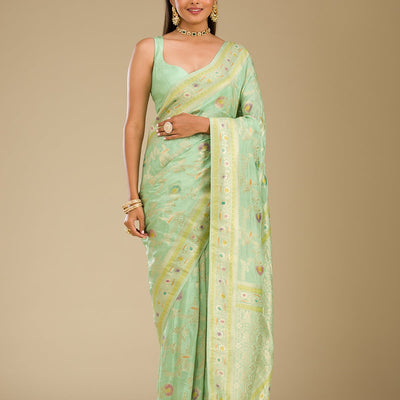 Pista Green Zariwork Banarasi Silk Saree
