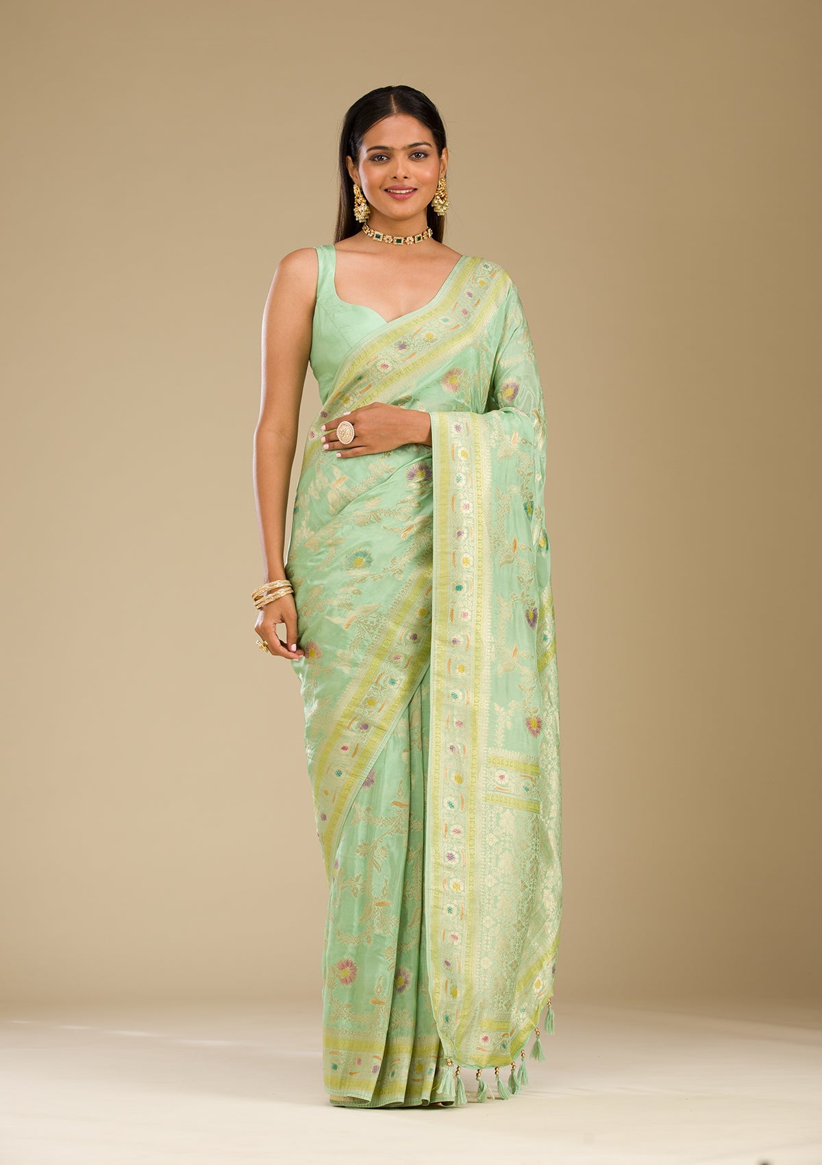 Pista Green Zariwork Banarasi Silk Saree