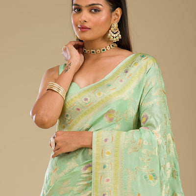 Pista Green Zariwork Banarasi Silk Saree