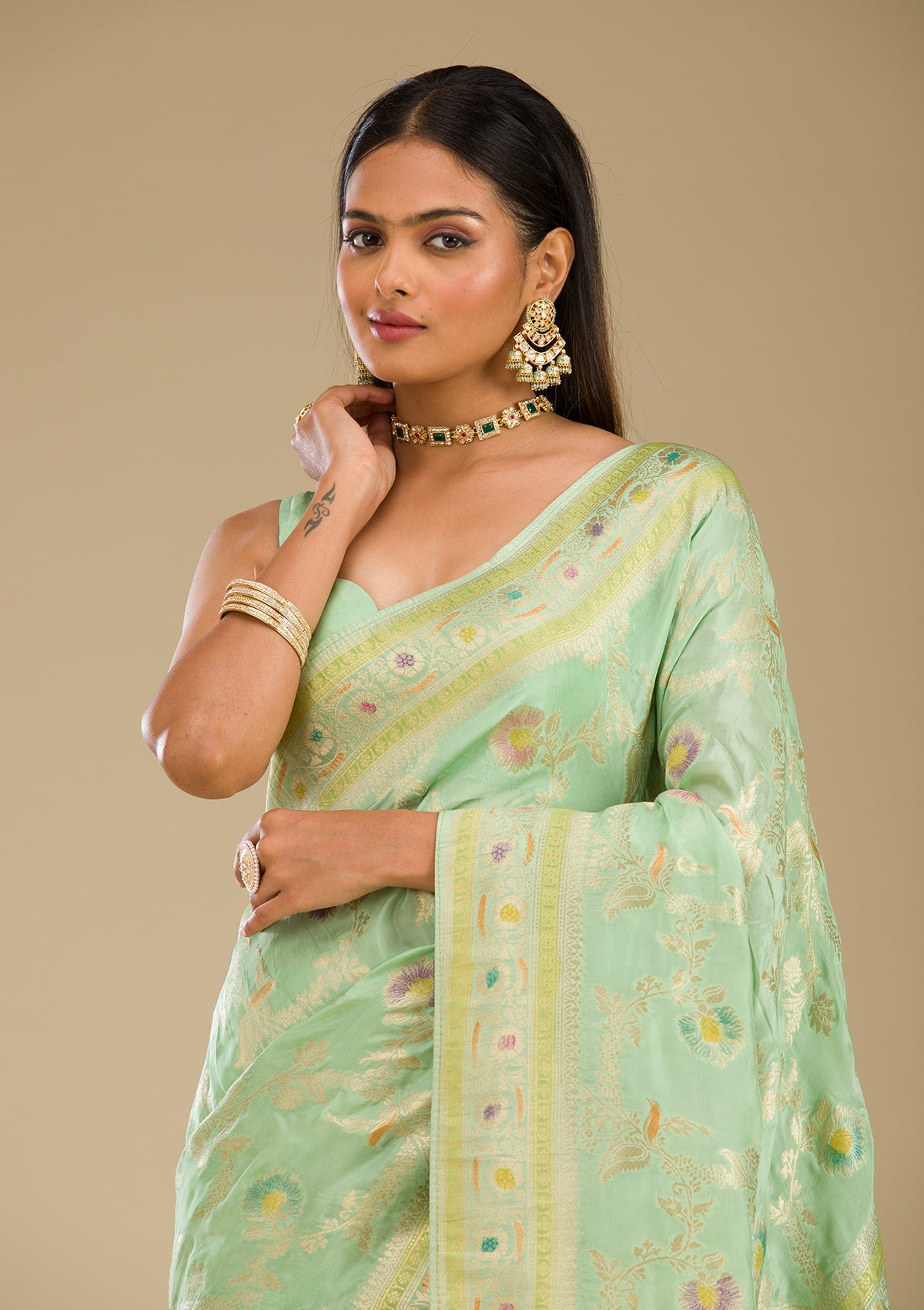 Pista Green Zariwork Banarasi Silk Saree