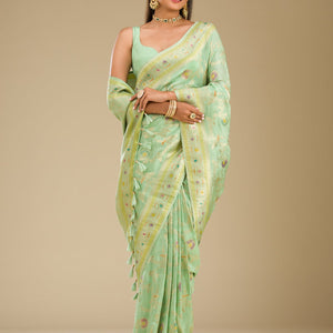 Pista Green Zariwork Banarasi Silk Saree