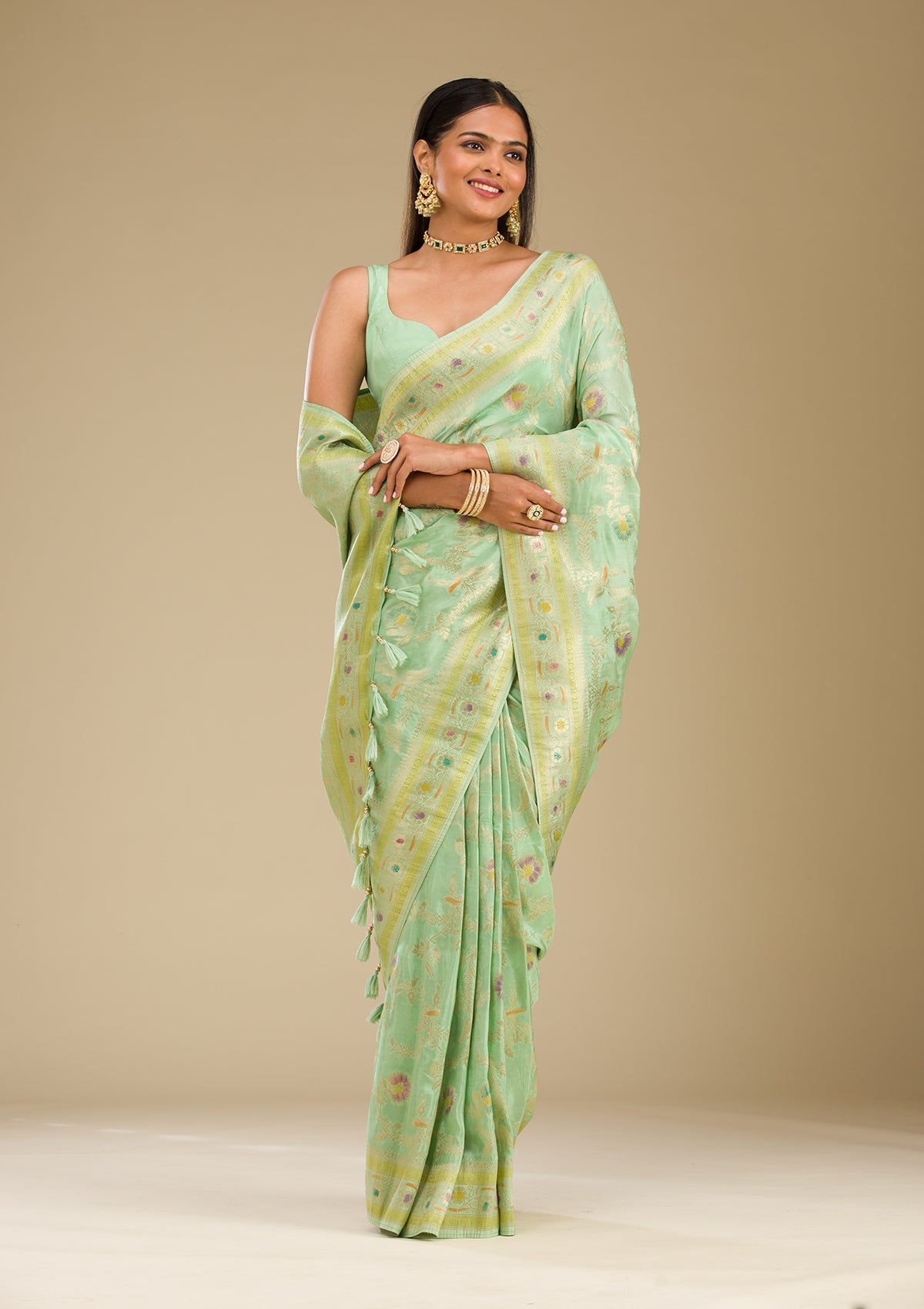 Pista Green Zariwork Banarasi Silk Saree