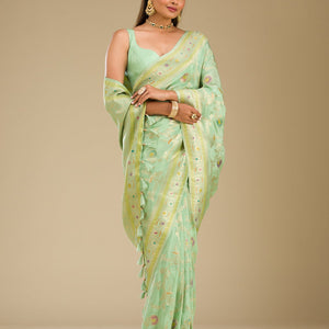 Pista Green Zariwork Banarasi Silk Saree