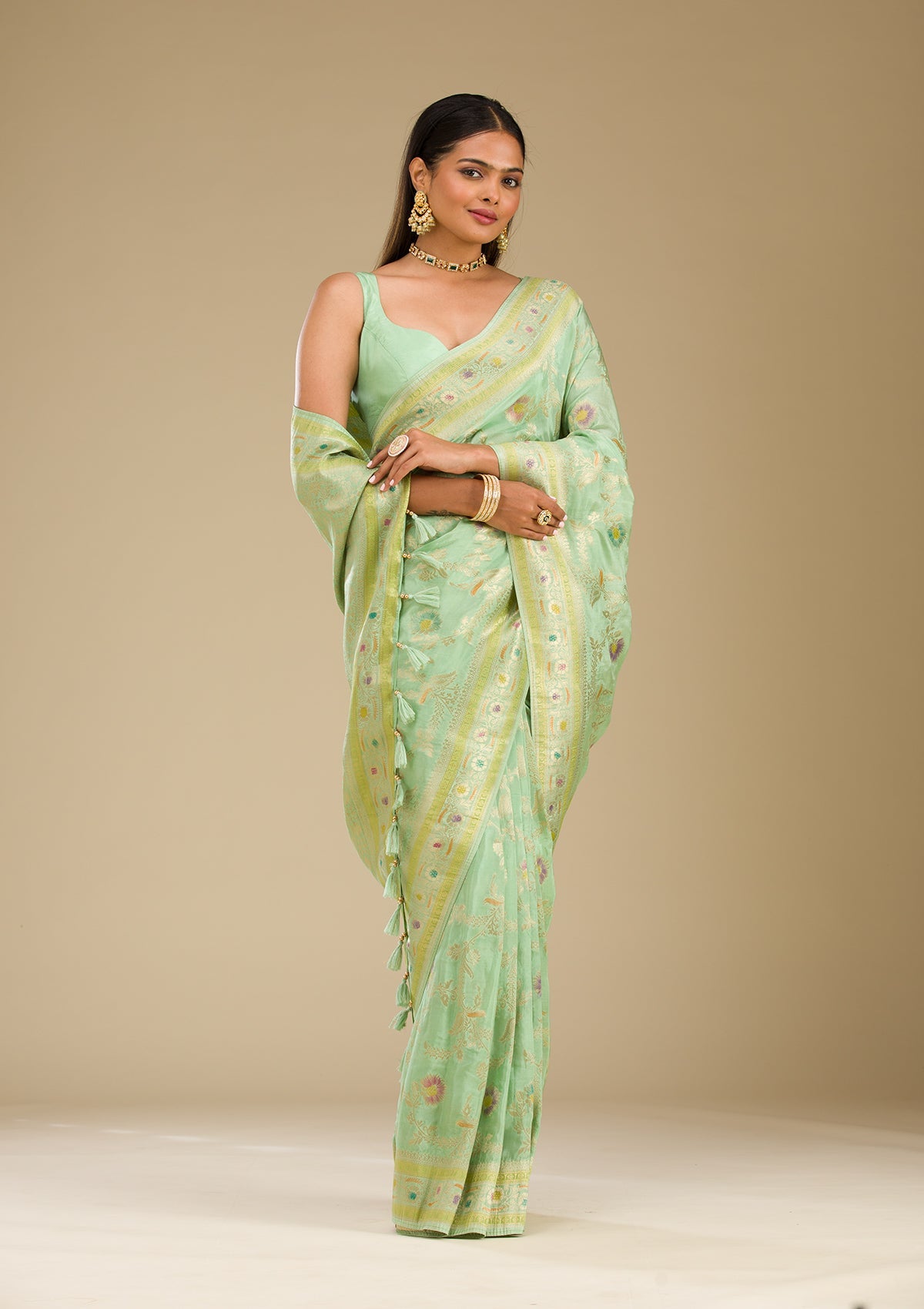 Pista Green Zariwork Banarasi Silk Saree