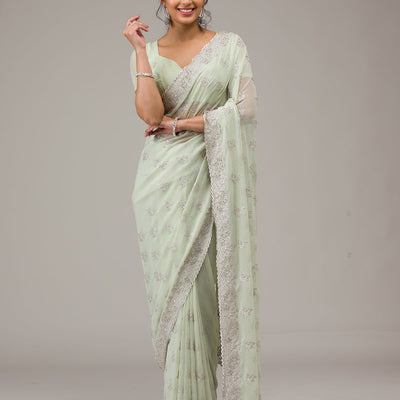 Pista Green Zariwork Chiffon Saree