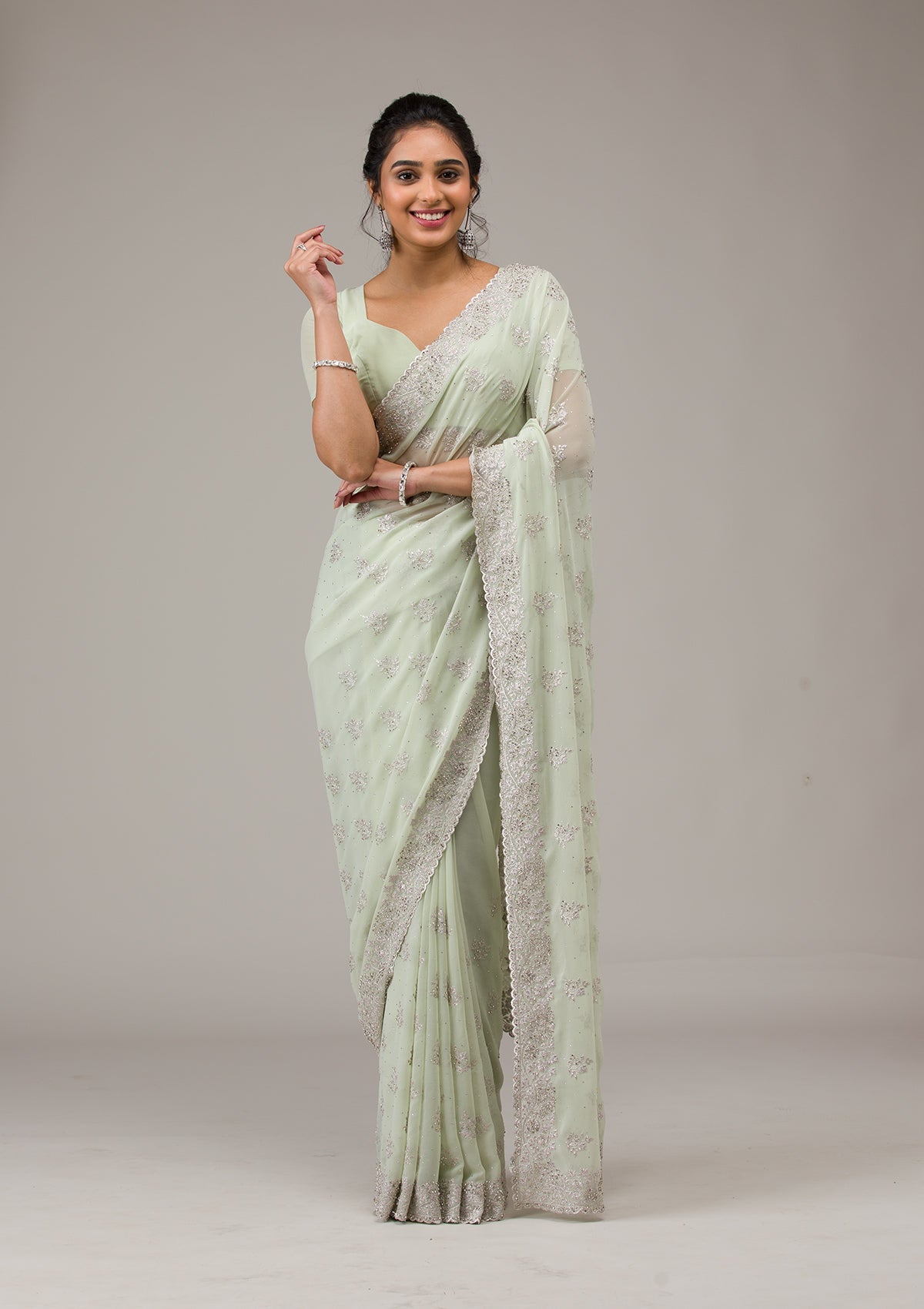 Pista Green Zariwork Chiffon Saree