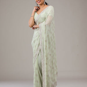 Pista Green Zariwork Chiffon Saree