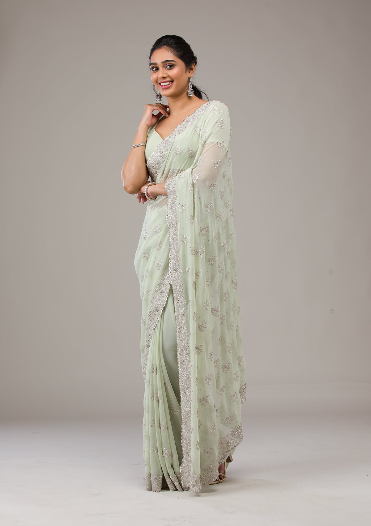 Pista Green Zariwork Chiffon Saree
