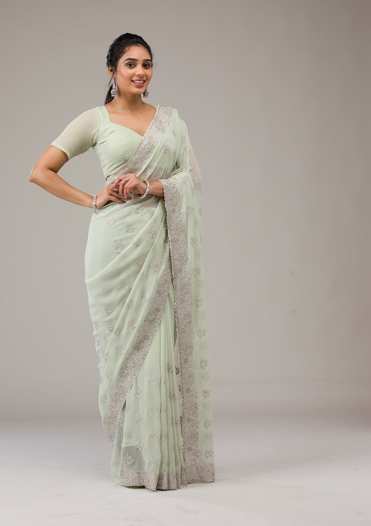 Pista Green Zariwork Chiffon Saree