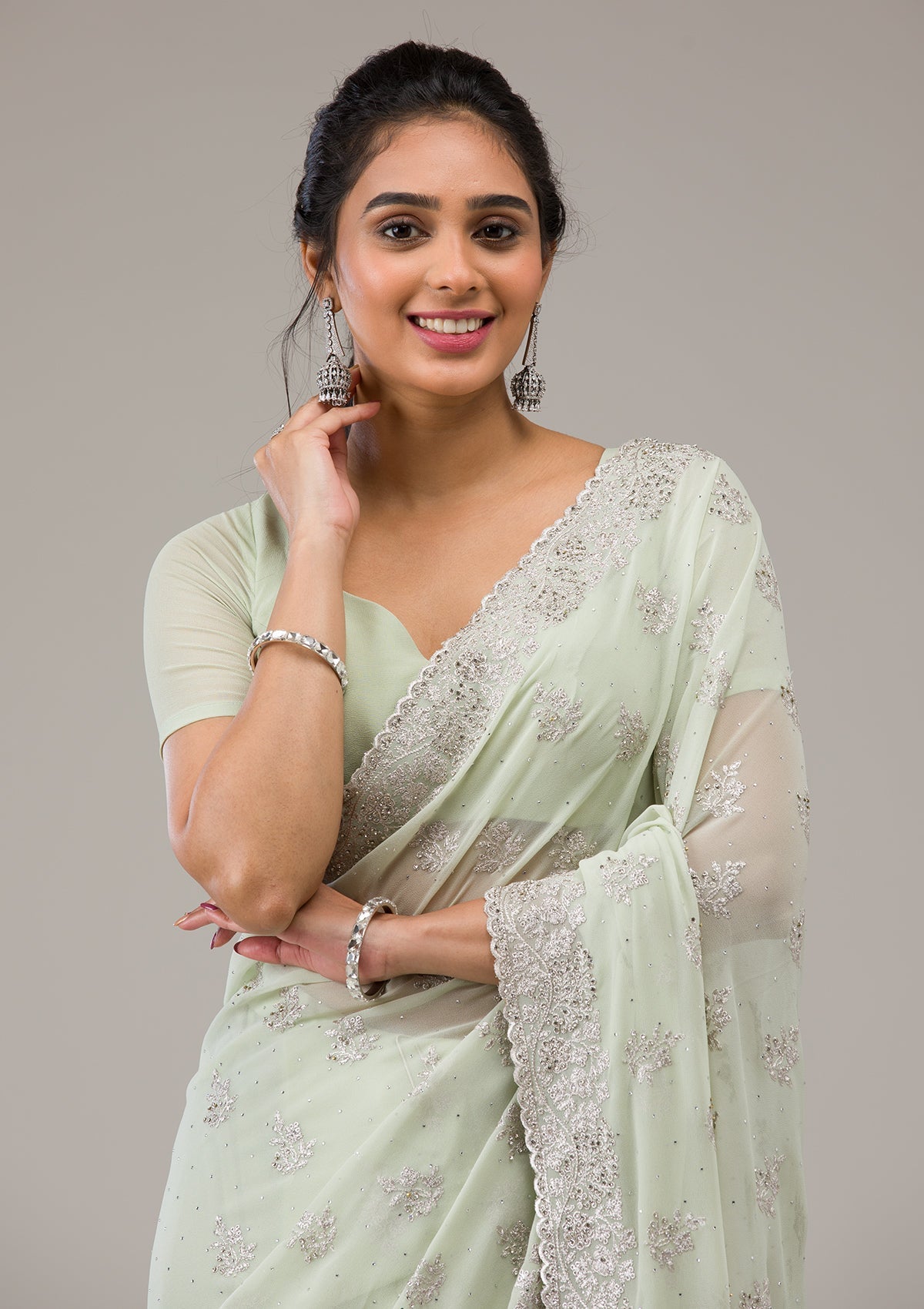Pista Green Zariwork Chiffon Saree