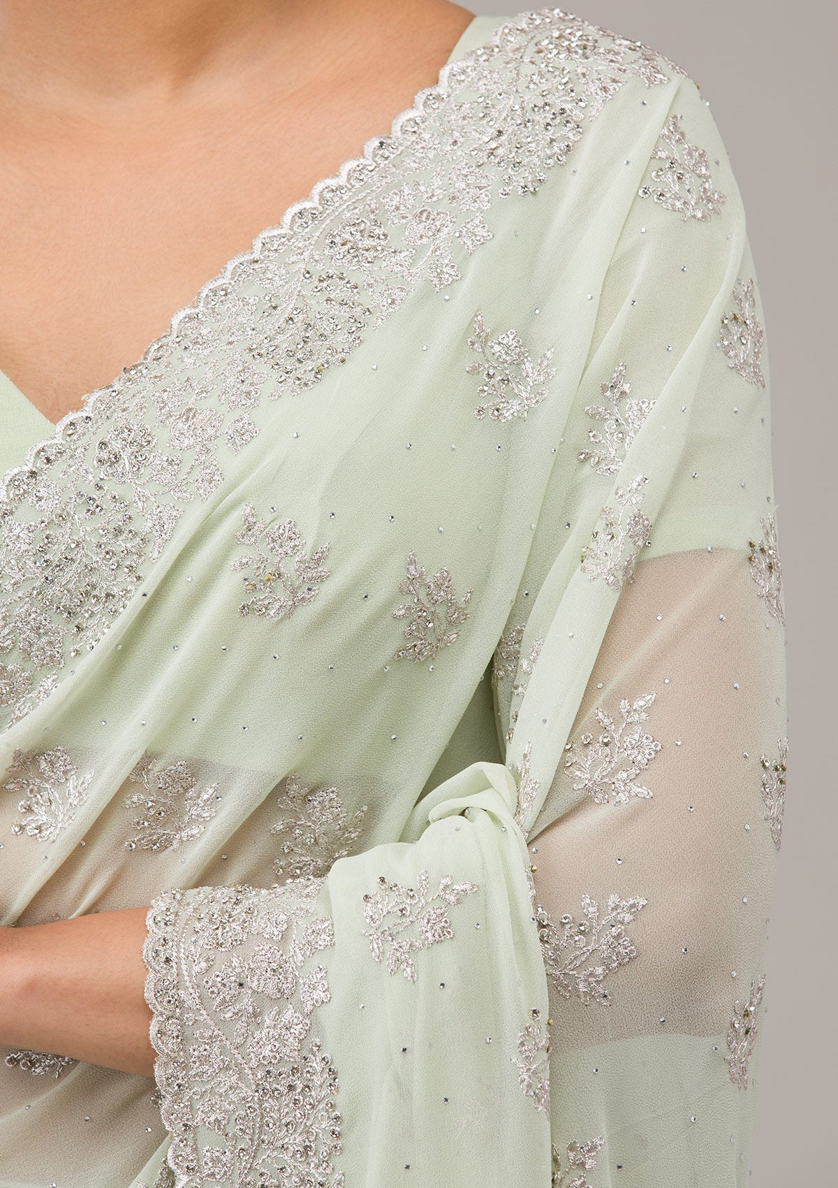 Pista Green Zariwork Chiffon Saree