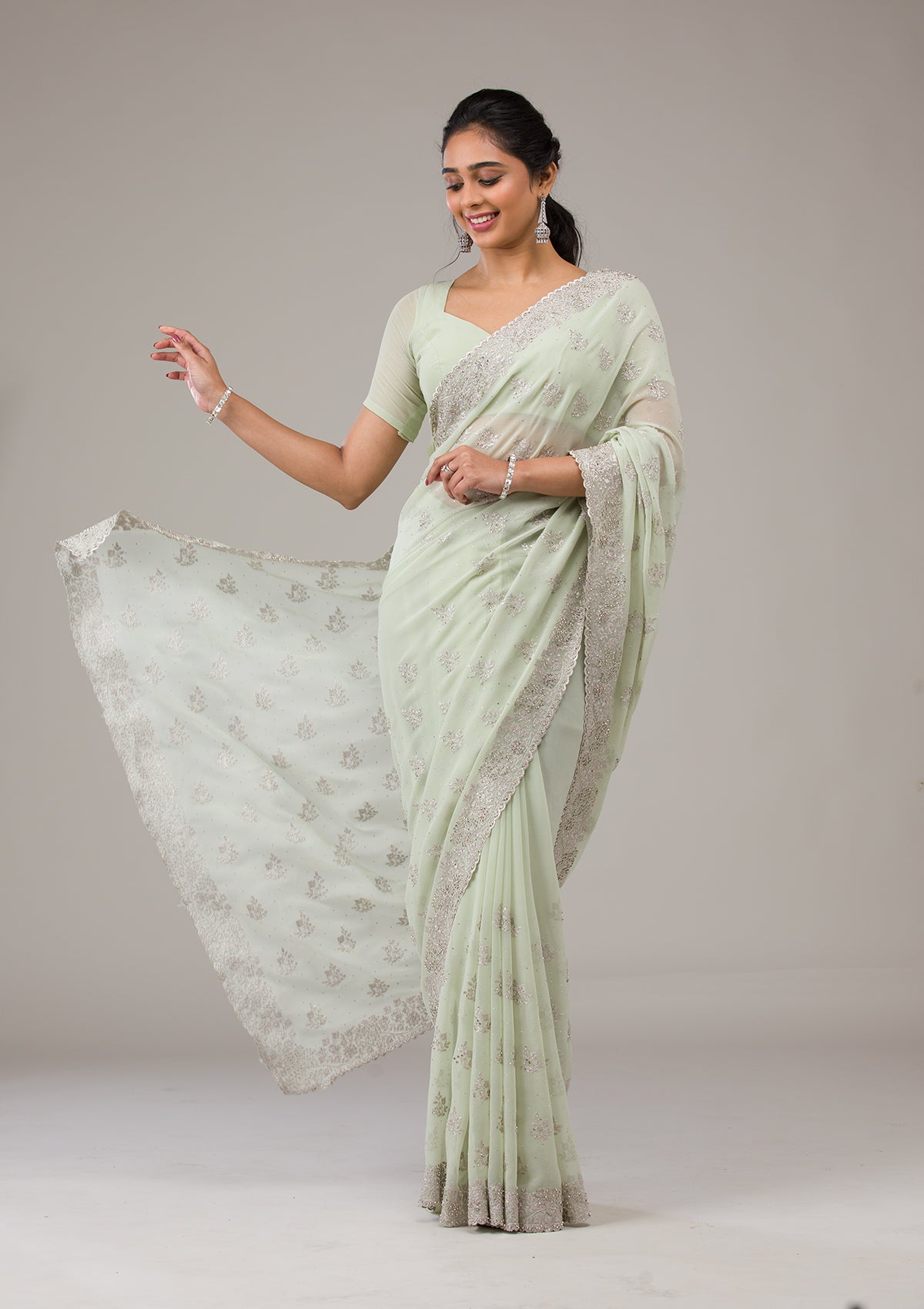 Pista Green Zariwork Chiffon Saree