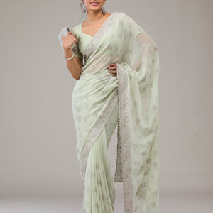 Pista Green Zariwork Chiffon Saree