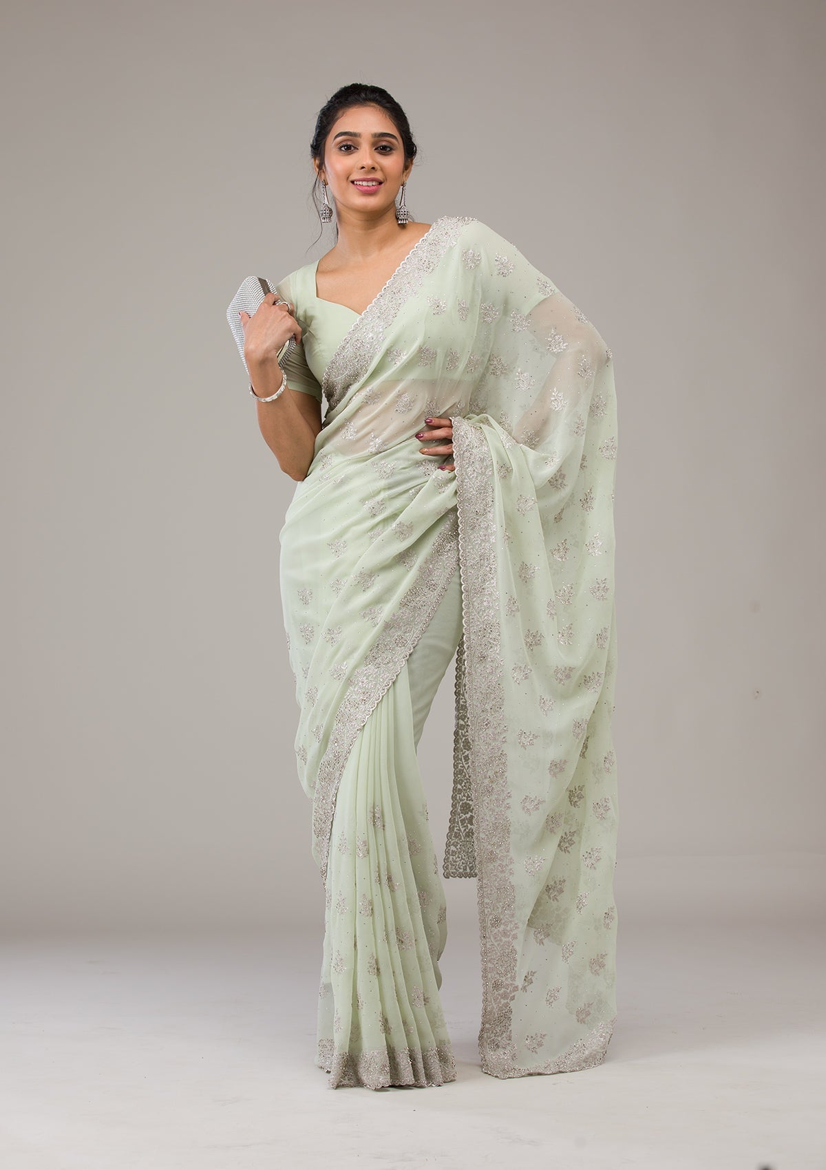 Pista Green Zariwork Chiffon Saree