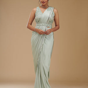 Pista Green Zariwork Satin Readymade Saree