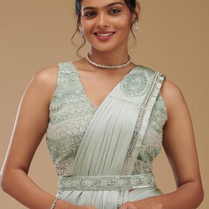 Pista Green Zariwork Satin Readymade Saree