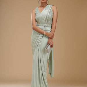 Pista Green Zariwork Satin Readymade Saree
